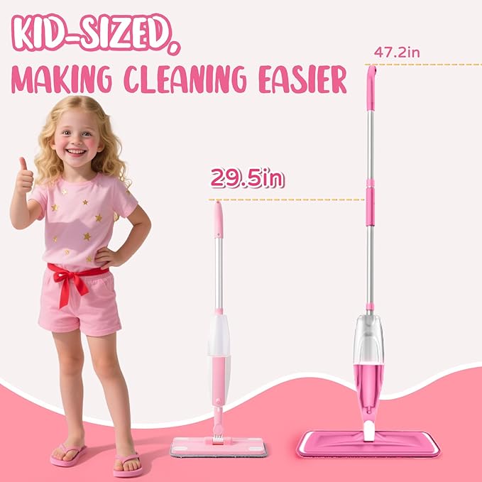 Pink Mini Spray Mop for Toddler-Girls Montessori Cleaning Toy That Real Spray Water,Pretend Playhouse Essentials for Girls Ages 3-8,Toddler Educational Housekeeping Set