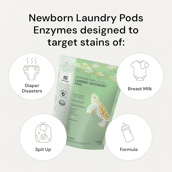 Grab Green Newborn Baby Laundry Detergent Pods, 60 Loads, Fragrance Free, Mineral Based, Non-Toxic, Stain Remover