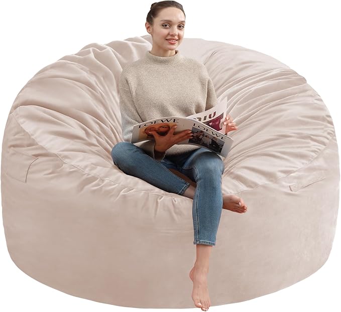 5FT Bean Bag Chair, Large Bean Bag Chairs with Memory Foam Filled, Fluffy Beanbag Sofa with Dutch Velvet Cover, Round BeanBag Chairs for Living Room, Playroom - Beige