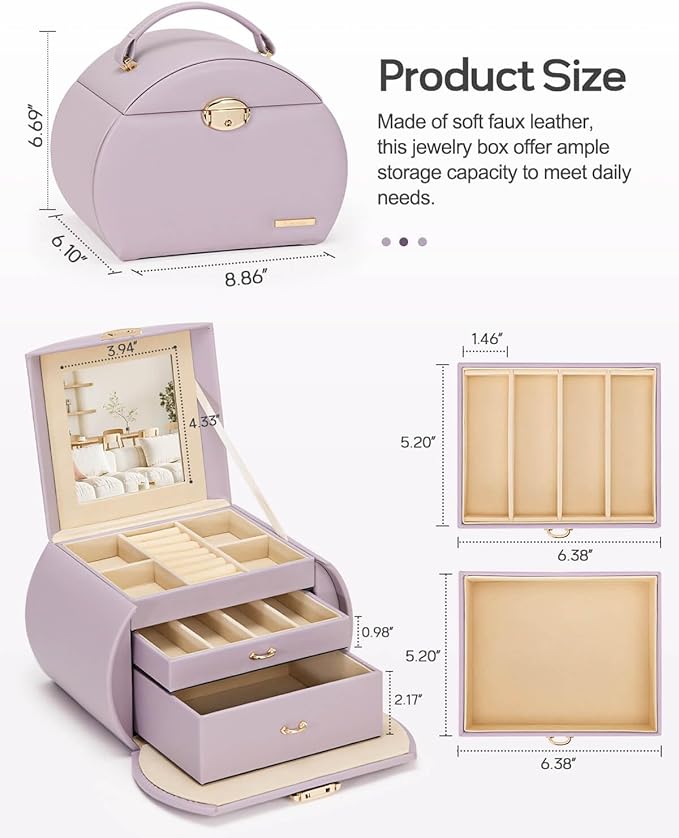 Homde Girls Jewelry Box Jewelry Storage Case Organizer Faux Leather with Mirror for Rings, Earrings, Bracelets, Necklaces (Grey Purple)