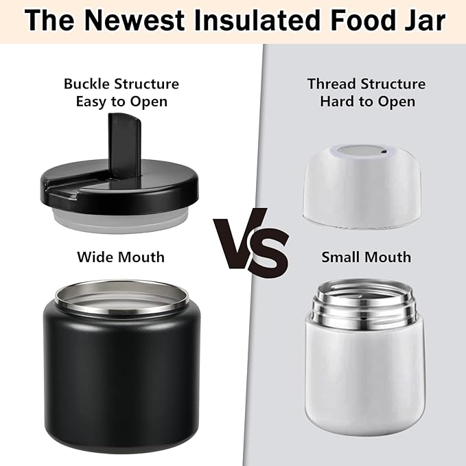 26oz Kids Thermos for Hot Food, Insulated Vacuum Food Jar with Buckle Lid, Stainless Steel Wide Mouth Leak Proof Insulated Lunch Container for School Picnic Travel, Black