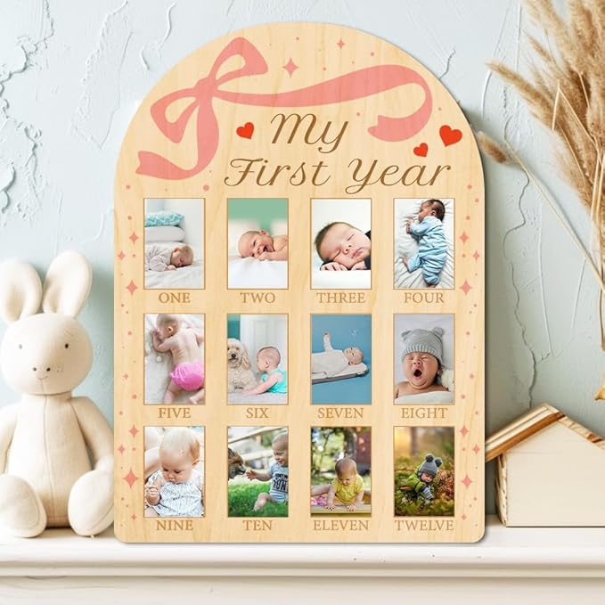 ORIGACH My First Year Baby Growth Photo Display Wood Board - 12 Months Newborn Milestones Photo Board - Neutral Baby Keepsake Frame 1st Birthday Party Nursery Decor New Mom Gift - Bow & Heart