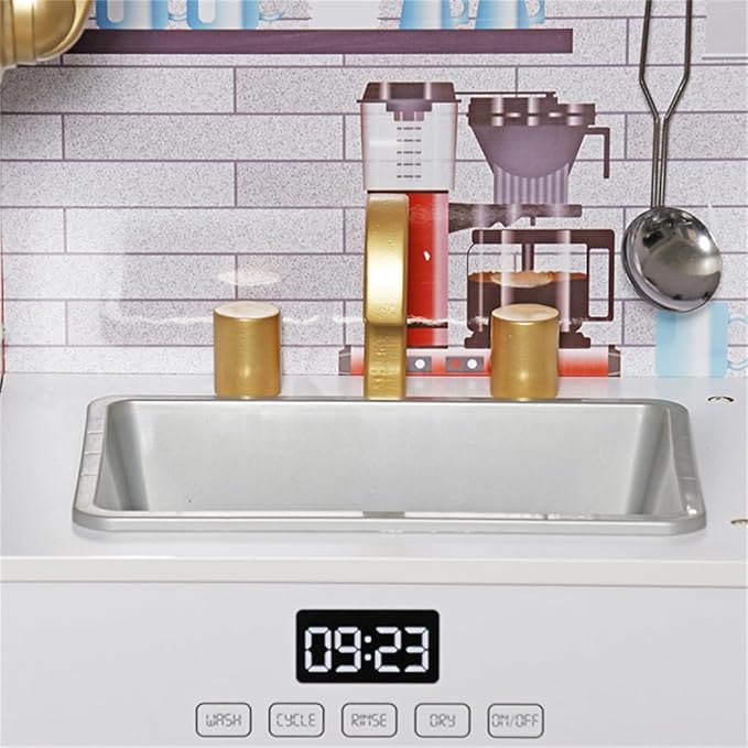 Wooden Play Kitchen Toy Set with Light, Kids Children Pretend Toy Kitchen Playset, Sink with Faucet, Oven, Microwave, Kitchenware Set Accessories for Ages 3-8 Girls Boys