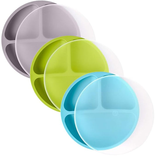 WeeSprout Silicone Plates with Lids for Babies & Toddlers (3 Pack) 100% Food-Grade Dishes for Self Feeding, Divided Design & Raised Edges for Picky Eaters, Dishwasher & Microwave Safe Weaning Supplies