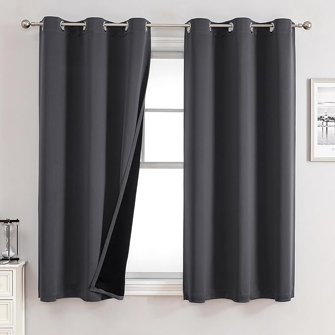 ChrisDowa 100% Blackout Curtains for Bedroom with Black Liner, 2 Thick Layers Total Blackout Thermal Insulated Grommet Small Window Curtains 45 Inch Length 2 Panels Set (Dark Grey, 42 x 45 Inch)