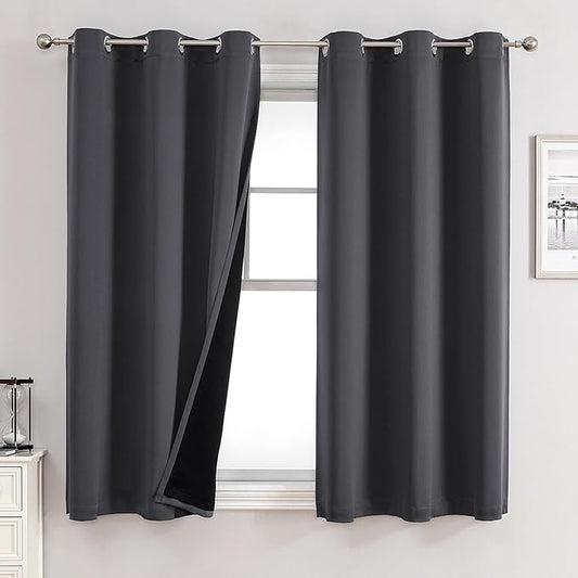 ChrisDowa 100% Blackout Curtains for Bedroom with Black Liner, 2 Thick Layers Total Blackout Thermal Insulated Grommet Small Window Curtains 54 Inch Length 2 Panels Set (Dark Grey, 42 x 54 Inch)