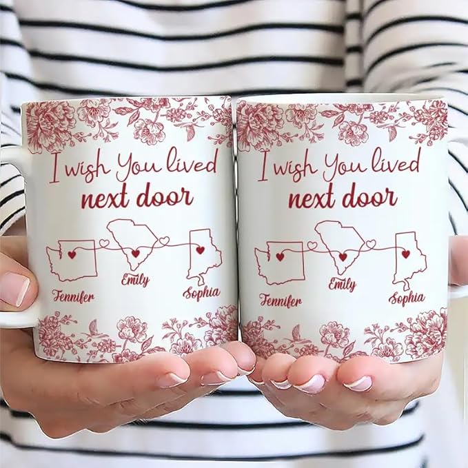 Personalized Mug - Chinoiserie Toile I Wish We Lived Closer - Trendy France-China Inspired Design - Christmas Birthday Gift for Girl Friends Besties BFF Best Friend Wildflower Floral Frame