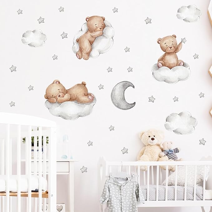 Tedy Bear Wall Decals, Cute Bear Sleeping on The Moon Cloud Stars Wall Stickers, Cartoon Tedy Bear Wall Decor for Baby Kids Baby Room Nursery Decor (Tedy-Bear)