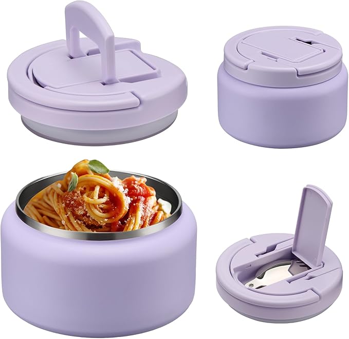 Soup Thermo for Hot Food Kids 13.5oz Lunch Containers with Buckle Lid Wide Mouth Hot Food Jar Vacuum Insulated Stainless Steel Bento Box Leakproof with Spoon(Purple)