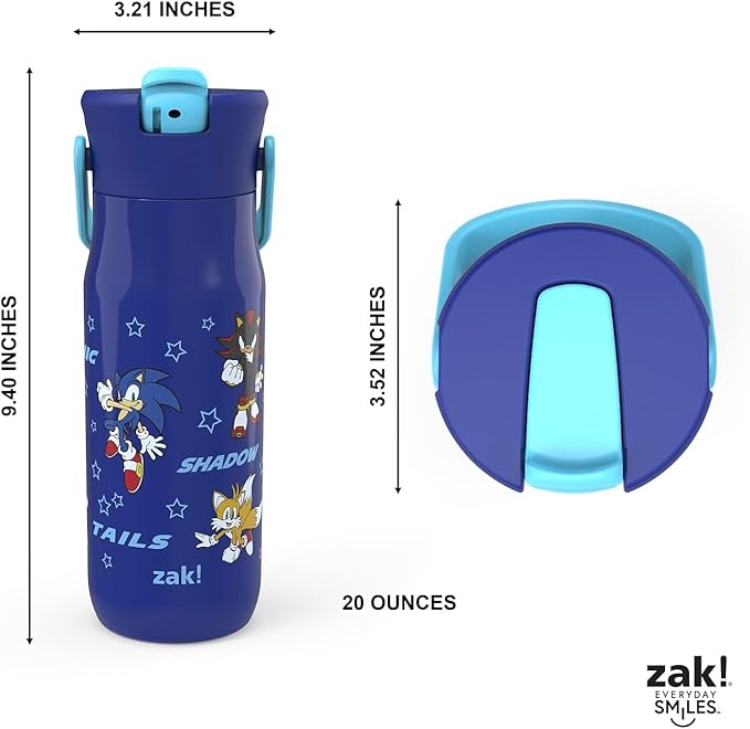 Zak Designs Harmony Sonic the Hedgehog Water Bottle for Travel or Home, 20oz Recycled Stainless Steel is Leak-Proof When Closed and Vacuum Insulated with Straw Lid and Carry Handle (Sonic & Friends)