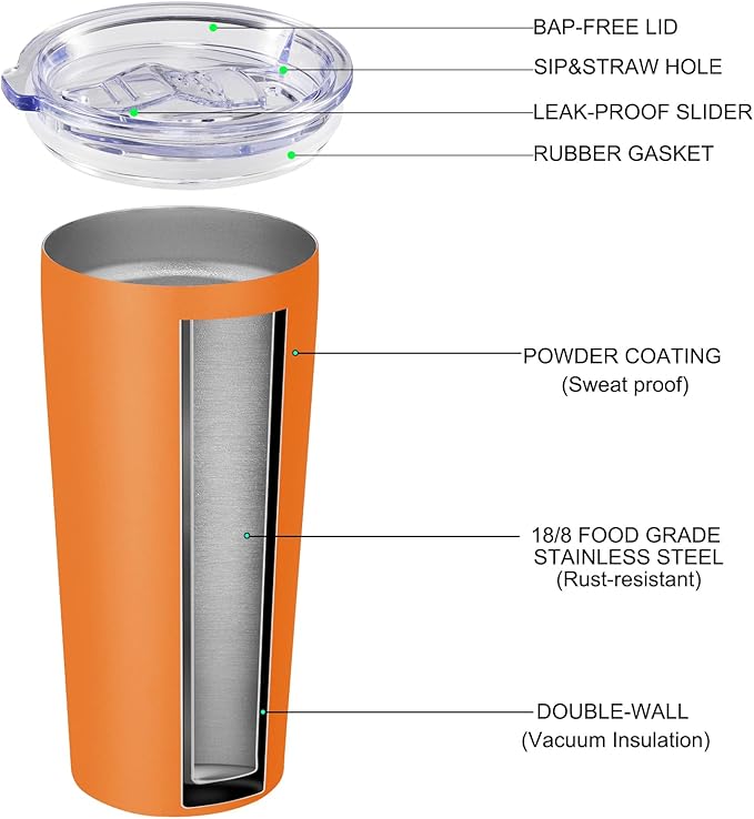VEGOND 20oz Tumbler Stainless Steel Tumbler with Lid And Straw Vacuum Insulated Double Wall Travel Coffee Mug(orange package 6)