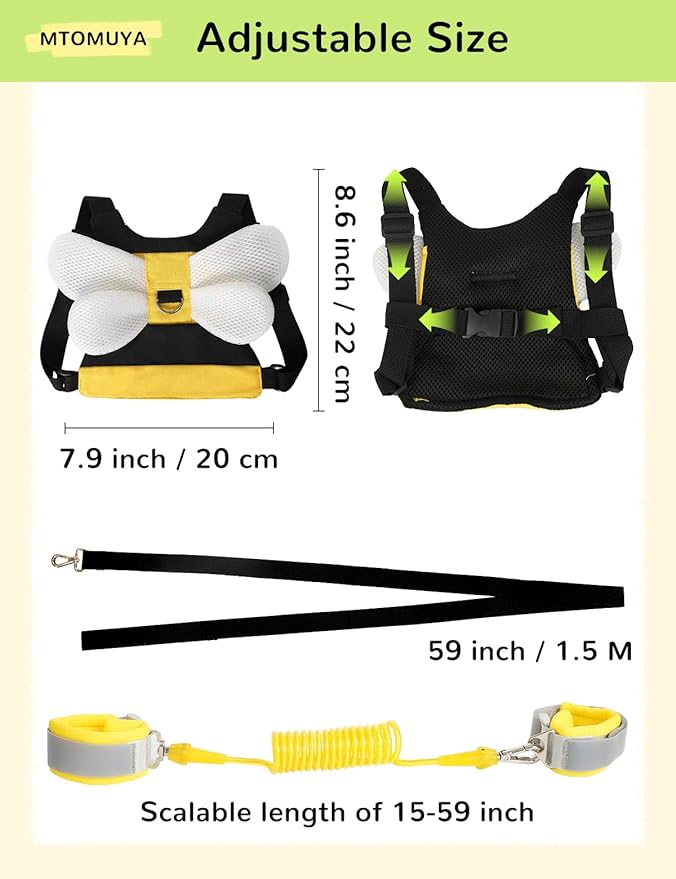 Toddler Harness with Anti Lost Wrist Link - Cute Children Leashes, Yellow Bees Baby Traction Safety Rope Leash with Key Lock Design, for Boys/Girls Walking Assistant