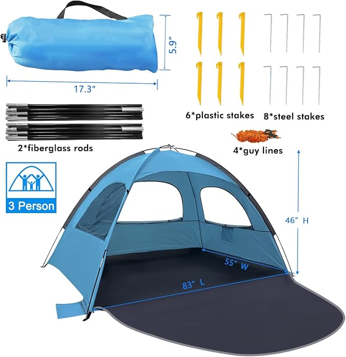 WhiteFang Beach Tent Anti-UV Portable Sun Shade Shelter for 3/4/6/8 Person, Extendable Floor with 3 Ventilating Mesh Windows Plus Carrying Bag, Stakes and Guy Lines