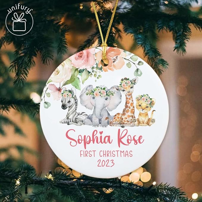 Unifury Personalized Baby First Christmas Ornament 2024, Keepsake for Babies First Christmas Tree, Holiday Decor for Celebrating Ceramic Babys 1st Christmas Ornament 2024, Safari Animal Floral