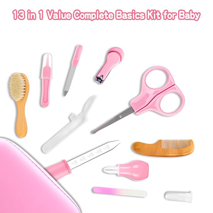 Baby Grooming Kit, Infant Safety Care Set with Hair Brush Comb Nail Clipper Nasal Aspirator,Baby Essentials Kit for Newborn Girls Boys(13 Pc Pink Kit)