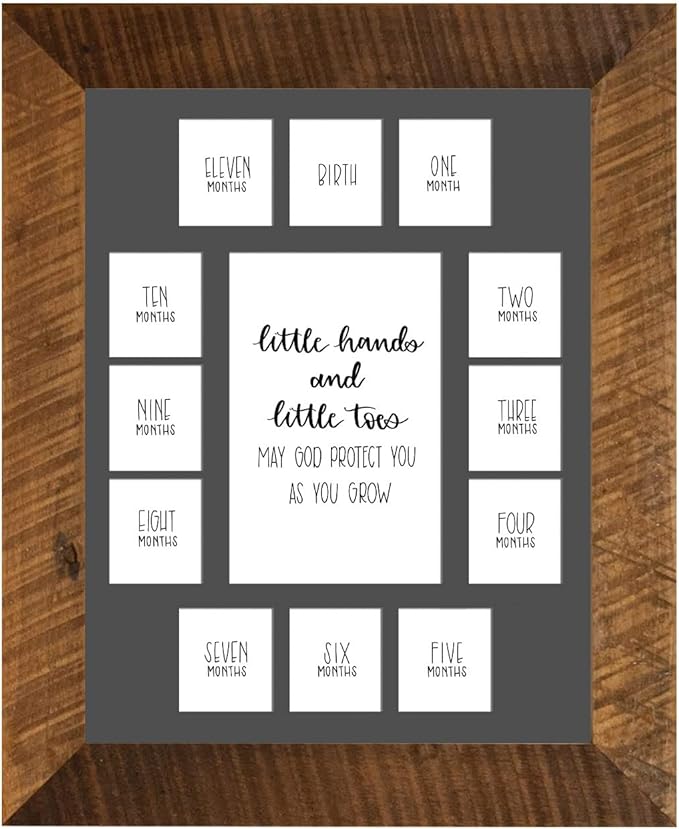 Rustic Red Door Co. Baby's First Year Picture Mat - Barnwood Frame - Little Hands and Little Toes Photo Collage - 13 Picture Slots - Newborn to One Year Birthday - Watch Your Baby Grow (Grey Mat)