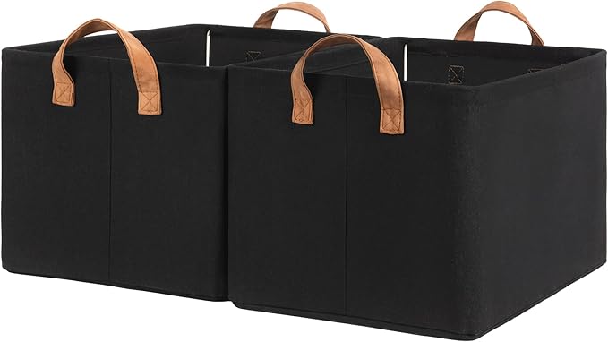 StorageWorks Storage Bins, Fabric Storage Bins for Shelves, Large Storage Baskets with Metal Frame, Closet Baskets and Bins with Handles, Black, 2-Pack