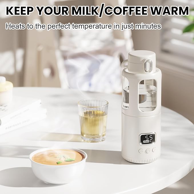 Dollox Portable Bottle Warmer for Travel 12oz Large Capacity Baby Portable Water Warmer for Formula, Breastmilk, Milk, 10000mAh, Wireless, Fast Heating Suitable for Baby Outdoor Travel, Car, Airplane