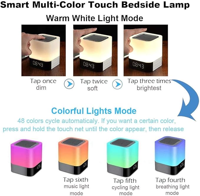 Night Lights Bluetooth Speaker, Alarm Clock Touch Sensor Dimmable Multi-Color Changing Bedside Lamp, MP3 Player, Wireless