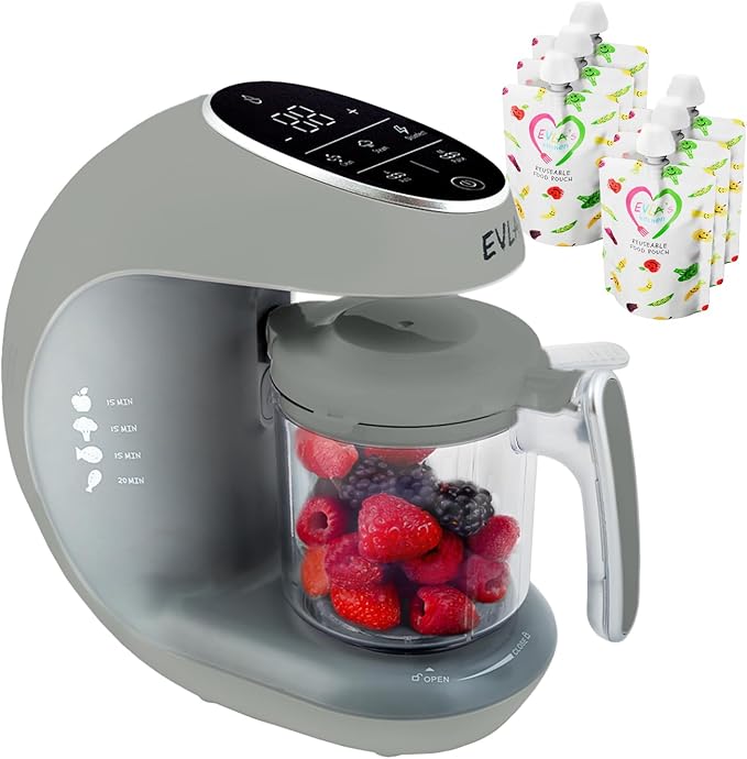 EVLA'S Baby Food Maker, Steamer, Blender, Baby Food Processor for Healthy Homemade Baby Food in Minutes, Touch Screen with 6 Reusable Food Pouches, Baby Registry Essential, Grey