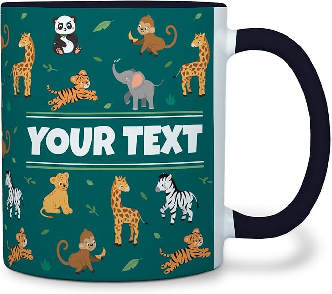 Personalized Mug for Kids - Zoo Animals - Custom Name/Text, Ceramic Hot Chocolate/Cocoa/Coffee Cup for Boys/Girls, Birthday/Christmas/Holiday Gift - 11 oz, Black Handle