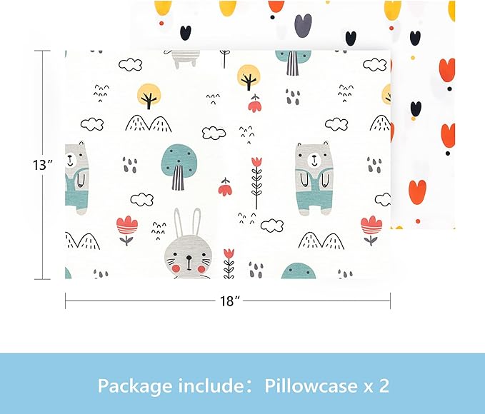 TILLYOU Toddler Pillowcase 2 Pack with Envelope Closure,Silky Soft Microfiber 13" x 18" Kids Travel Pillow Cases,Bib Bear & Colorful Love