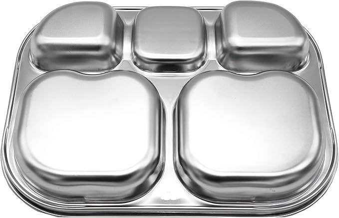 Korean Stainless Steel Divided Plates by KS&E, Little Kids Toddlers Babies small Tray, BPA Free, Diet Food Control, Compact Serving Platter, Snack, 5 Compartment Plate Silver, Set of 2