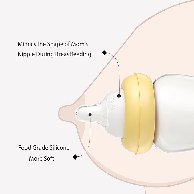 YOHKOH Natural Glass Baby Bottle with Natural Response Nipple, Newborn Anti-Colic Baby Bottles, Wide Neck Mushroom Cap Baby Bottle, Clear (8.8ounce (Pack of 4), Yellow2)