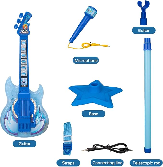 TAKIHON Guitar and Microphone Set for Kids,Guitar Toys with Music&Colorful Light,Adjustable Height Microphone with Stand,Karaoke Toys Gift for Boy,Girls,Toddlers(Blue)-Upgraded