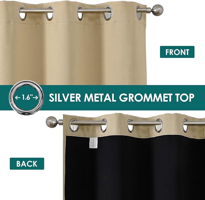 ChrisDowa 100% Blackout Curtains 63 inch Long for Bedroom with Black Liner, Extra Wide 2 Thick Layers Total Blackout Thermal Insulated Grommet Window Curtains 2 Panels Set (Beige, 60 x 63 Inch)