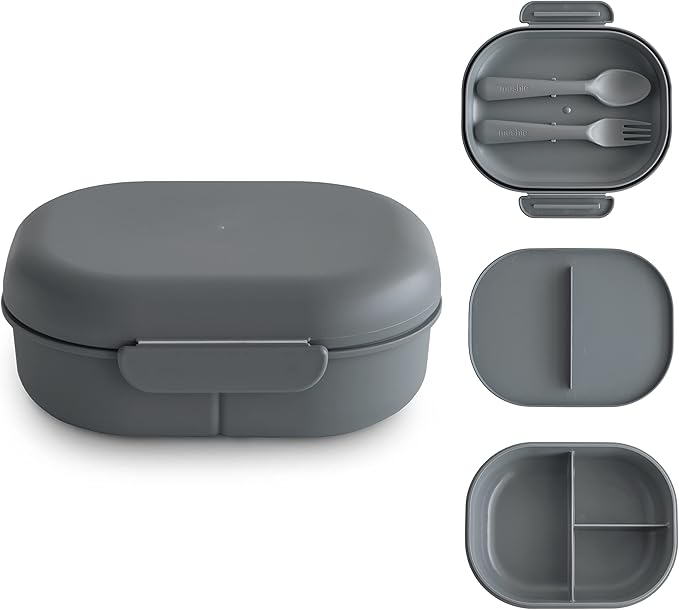 mushie Kids Bento Lunch Box | 3-Compartment & Removable Divider + Fork & Spoon Utensils | Great For Meals, School, Snacks On-the-Go | Dishwasher Safe (Smoke)