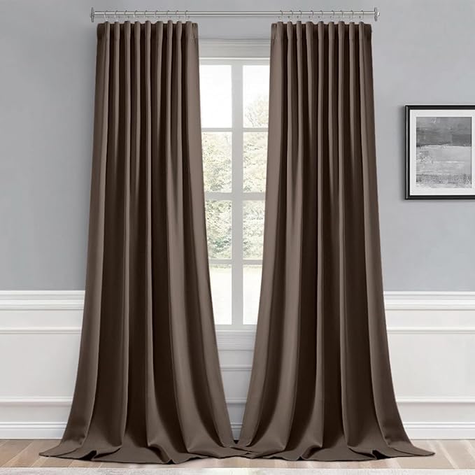 MIULEE Chocolate Brown Back Tab Blackout Curtains 108 Inch Long 2 Panels Set for Bedroom, Rod Pocket/Pinch Pleat Extra Long Thermal Insulated Living Room Darkening Pleated Light Blocking Drapes