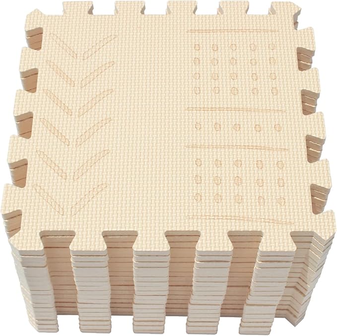 qqpp EVA 18 Tiles Baby Play Mat for Playing, Interlocking Foam Floor Mats for Tummy Time & Crawling, Puzzle Flooring Tiles with Laser Pattern for Kids. Beige. QL-91(J) b18N