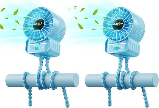 2 Pack Multifunctional Portable Stroller Fan 4 Speed 6600rpm High Speed Usb Rechargeable Personal Mini Handheld Fan Extended Tripod for Desktop Winding Kids Bed Treadmill Bike Golf Cart Outdoor Travel