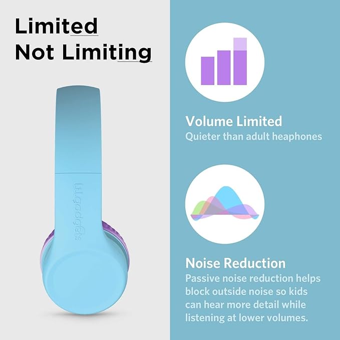 LilGadgets Connect+ Wired Kids Headphones for School with Mic, Volume Limited & Noise Reduction, On-Ear Headset with Cord, SharePort Technology for Multiple Kids & SoftTouch Padding, Blue/Purple