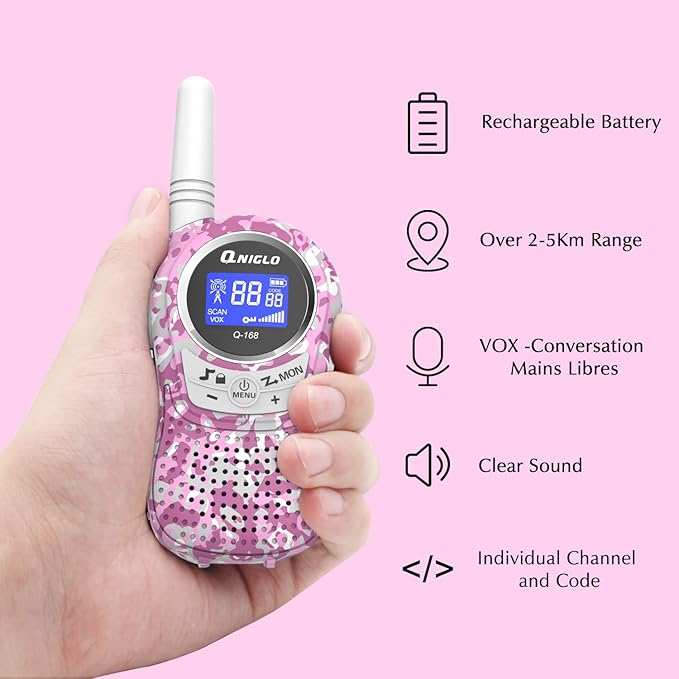 Qniglo Walkie Talkies for Kids - Rechargeable Kids Walkie Talkies with Clear Sound, Long Range - Perfect Birthday for 3-8 Year Old Boys Girls - Outdoor Adventures, Camping, Hiking