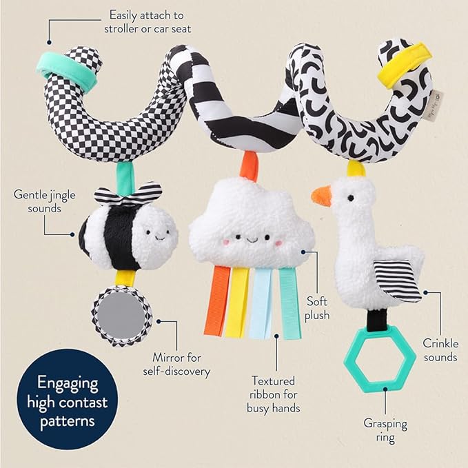 Itzy Ritzy Spiral Car Seat & Stroller Activity Toy - Stroller & Car Seat Toys for Ages 0 Months and Up - Hanging Toys Include Dangling Ring, Mirror and Textured Ribbons (High Contrast)