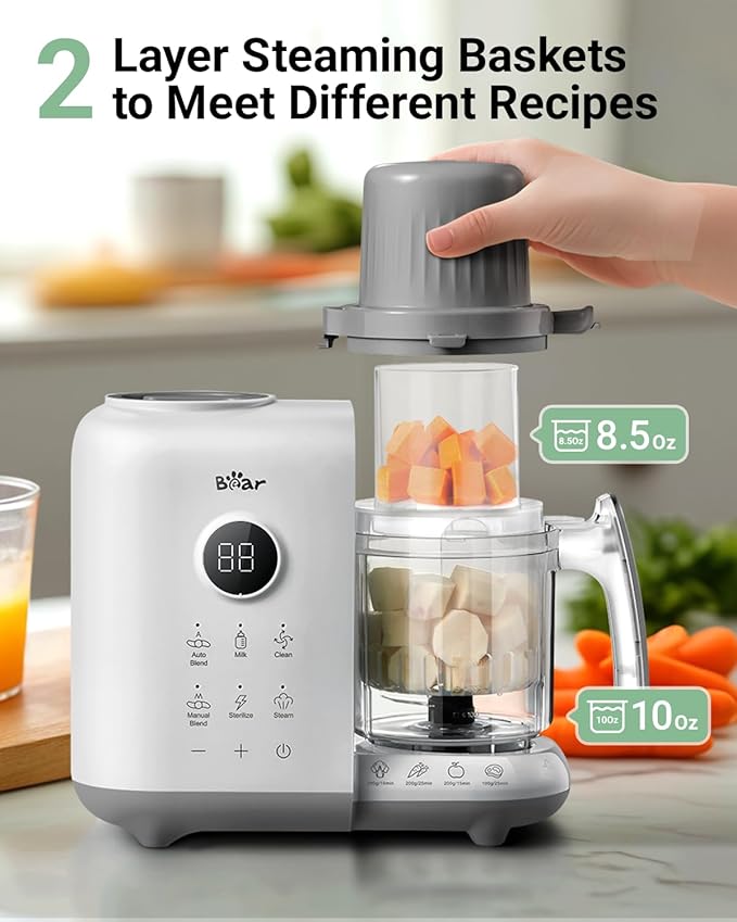 Bear Baby Food Maker with Two Layer Steam Baskets, Multifunction Baby Food Processor Steamer Puree Blender, Baby Food Mill with Bottle Warming Sterili-zing Auto Cleaning Function, BPA-Free, White