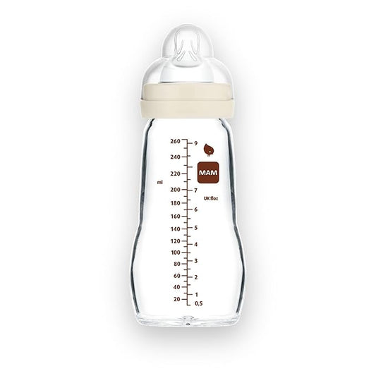 MAM Premium Glass Baby Bottles, Easy Switch Between Breast and Bottle, Feel Good Medium Flow, Newborn Essentials Must Have, 2+ Months, BPA Free, 9oz, Unisex, 1 Pack