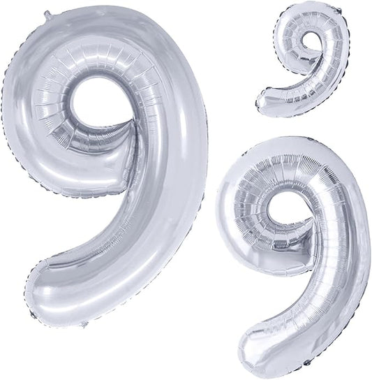 GOER Silver Foil Balloons Number 9,Huge Number Balloons for 9th Birthday Party Supplies Anniversary Decorations(3 pcs,42 inch,32 inc,16inch)
