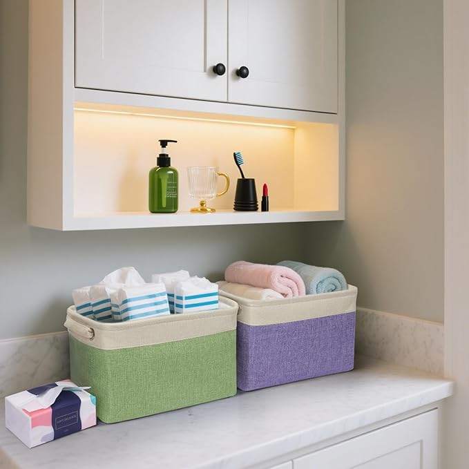 BALEINE 3 Pack Fabric Storage Bins for Shelves, Linen Storage Baskets for Organizing, Decorative Closet Bins for Clothes, Home (Green, 12"x8"x8")