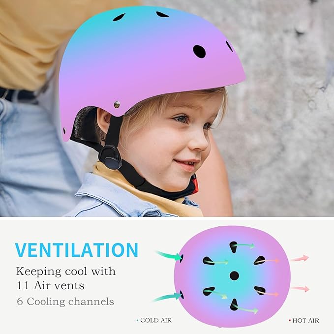 Adjustable Kids Bike Helmet with Knee & Elbow Pads Set, Color Gradient Design for Boys and Girls Aged 3-14+, for Skateboarding, Scooter, Roller & Inline Skating, Longboard