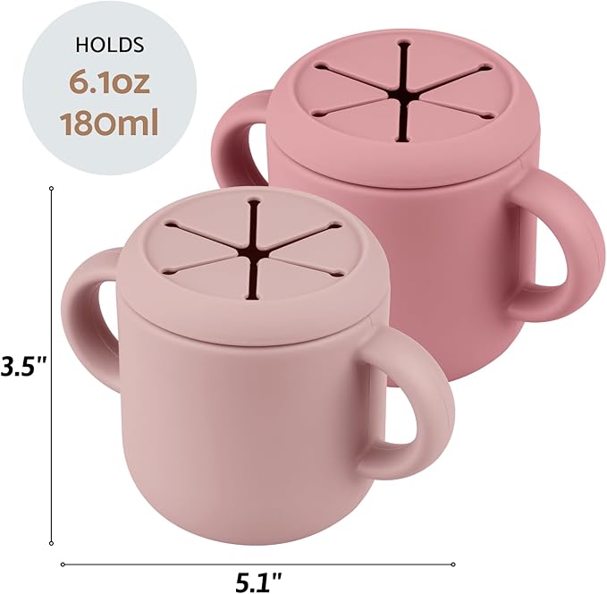 Snack Containers, Silicone Snack Cups for 6-12 Months Toddlers - Pack of 2 Food Grade Silicone Snack Cups with Grip Handle for Baby Led Weaning, Unbreakable (Blush/Mauve)