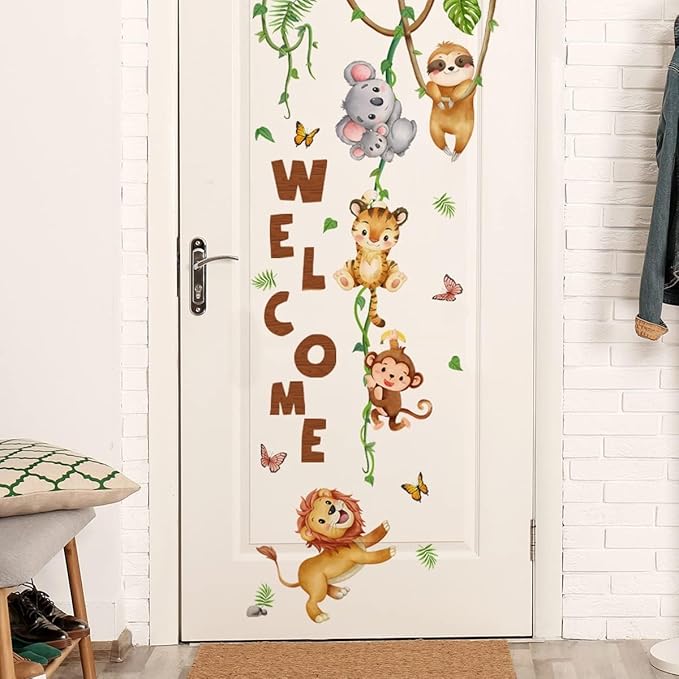 clothmile Watercolor Jungle Animal Wall Decals Welcome Animal Wall Sticker Lion Monkey Koala Wall Decals for Kids Baby Nursery Playroom Bedroom Classroom Kindergarten Wall Decor