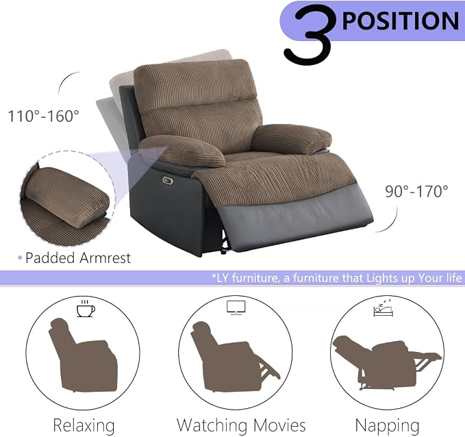 Power Recliner Sofa Set, Corduroy & Leather Fabric Reclining Sofa Couch - Image 6