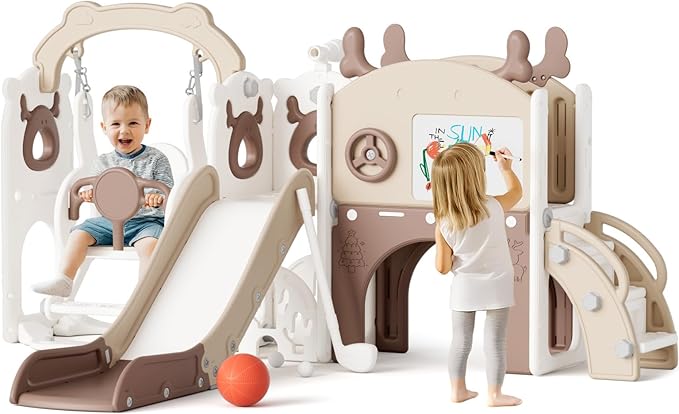 Mloong 12 in 1 Toddler Slide and Swing Set, Kids Slide for Toddlers 1-3 Years Old Baby, Indoor Outdoor with Basketball Hoop Drawing Golf for Kids Easy Assembly(Beige & Rosy Brown)(82×67×41in)