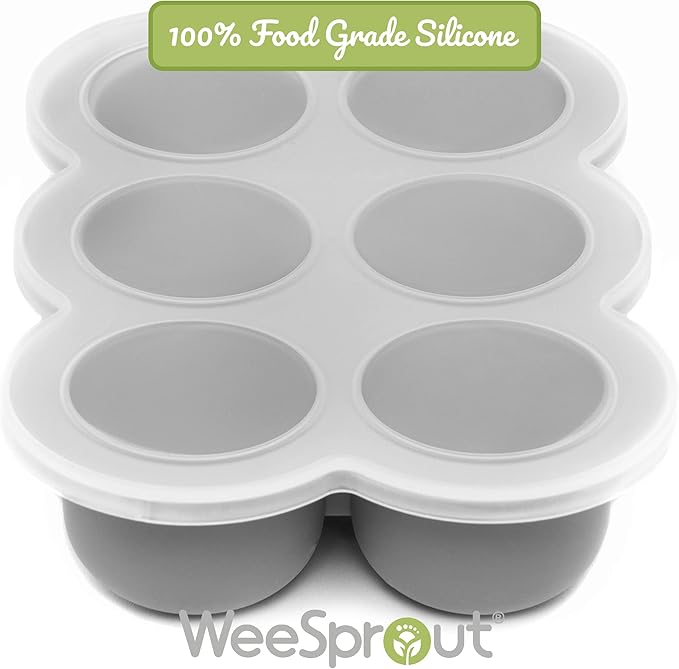 WeeSprout Silicone Freezer Tray with Clip on Lid Perfect Food Storage Container for Homemade Baby Food, Vegetable, Fruit Purees, and Breast Milk (Bright Grey, Six 3 Ounce Sections)