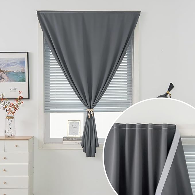 Magic Tape Stick On Curtains Window Shades Pull Down Blackout Window Cover Blackout Curtains for Bedroom No Drillng Self Adhesive Curtains No Rod Small Curtain, 59" W X 84" L, Grey, 1 Panel