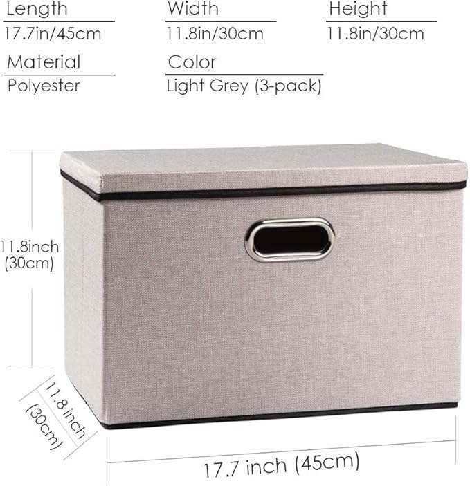 PRANDOM Large Foldable Storage Bins with Lids [3-Pack] linenFabric Decorative Storage Boxes Organizer Containers Baskets Cube with Handles Divider for Bedroom Closet Office Light Grey(17.7x11.8x11.8)