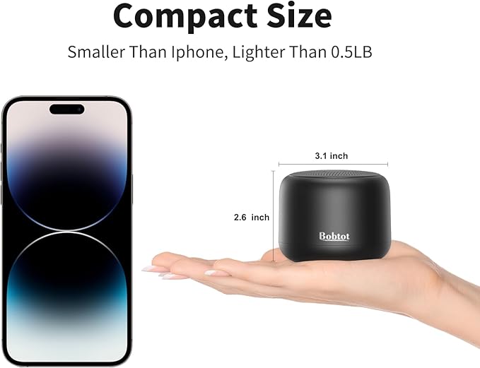 Bobtot Portable Bluetooth Speakers with Strap Easy to Carry, Wireless IPX5 Waterproof Mini Speaker with Loud Stereo Sound, 20 Hours Playtime, Rechargeable Battery, Built-in Microphone, Black